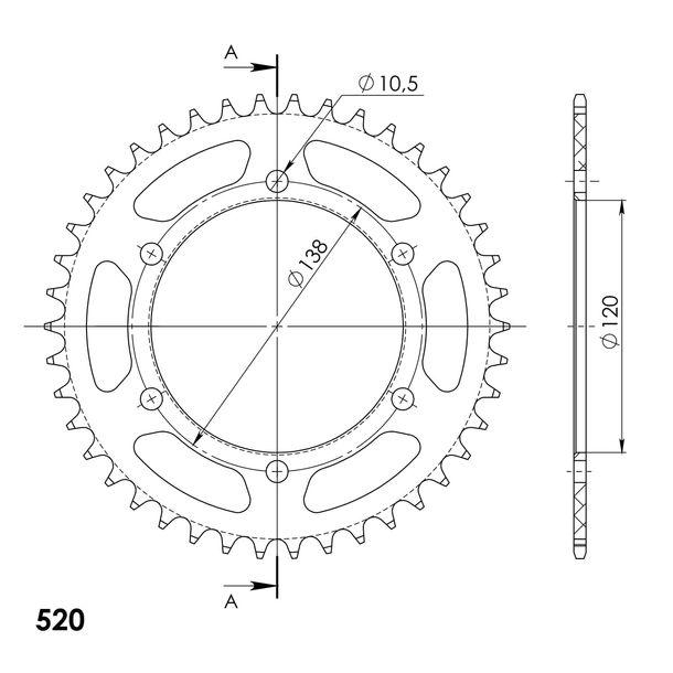 Kettenrad Supersprox 520 LK 136,0mm Ø 120mm 42Z 6-Loch Aluminium schwarz