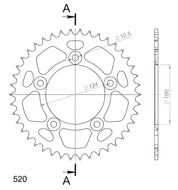 Supersprox 520 LK 124,0mm Ø 100mm 42T Pignone in alluminio a 5 fori nero