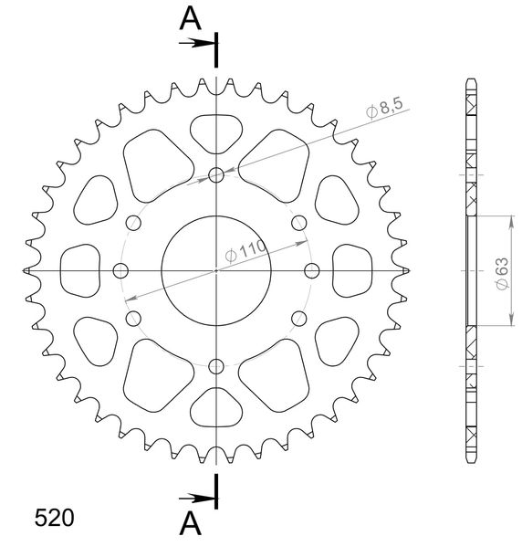Kettenrad Supersprox 520 LK 110,0mm Ø 63mm 42Z 8-Loch Aluminium schwarz