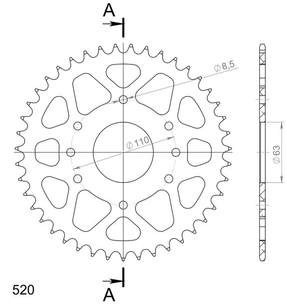 Kettenrad Supersprox 520 LK 110,0mm Ø 63mm 43Z 8-Loch Aluminium orange