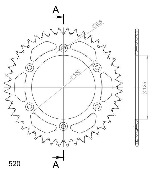 Kettenrad Supersprox 520 LK 153,0mm Ø 125mm 43Z 6-Loch Aluminium schwarz