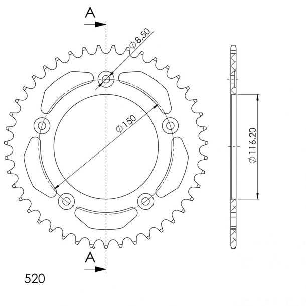 Cadena de aluminio Supersprox 520 LK 150,0 mm Ø 116,2 mm 43T negra