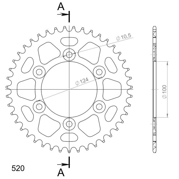 Pignon Supersprox 520 LK 124,0 mm Ø 100 mm 43T en aluminium 6 trous noir