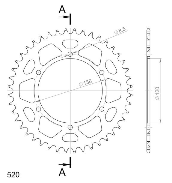 Supersprox 520 LK 136.0 mm diameter 120 mm 44T 6-hole aluminium sprocket blue