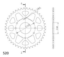 Roda dentada de corrente Supersprox 520 com furação 110,0mm diâmetro 63mm 44 dentes 8 furos alumínio laranja
