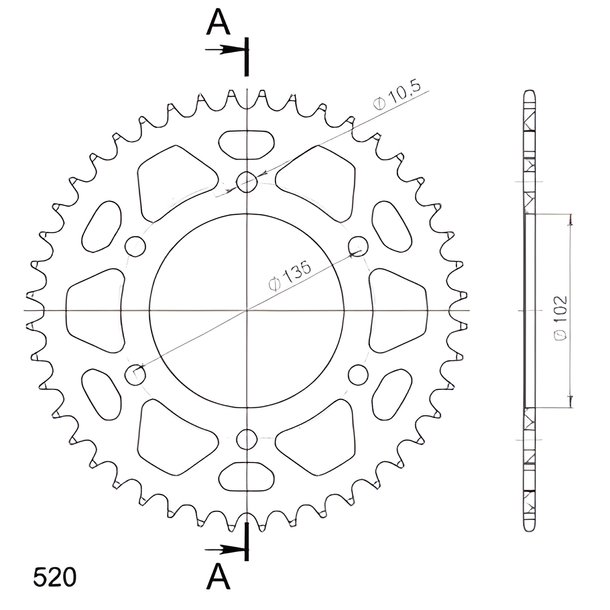 Kettenrad Supersprox 520 LK 135,0mm Ø 102mm 44Z 6-Loch Aluminium rot