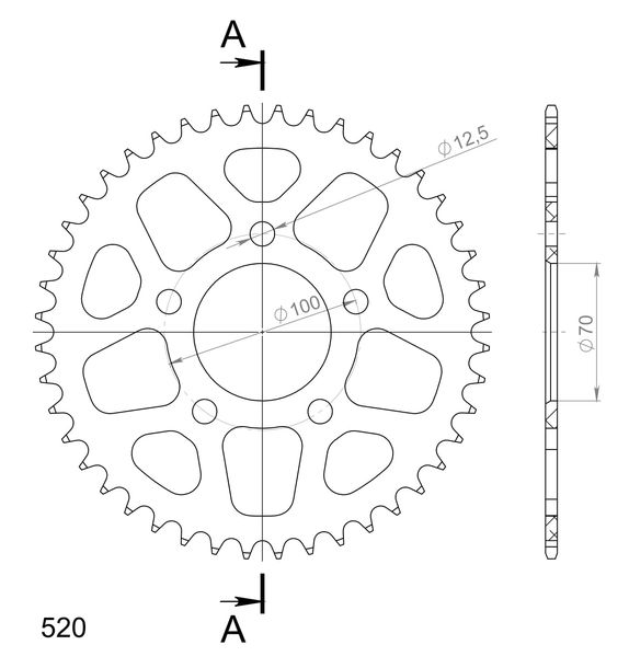 Piñón de aluminio Supersprox 520 LK 100,0 mm Ø 70 mm 44T negro