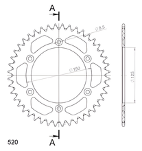 Pignone Supersprox 520 LK 150,0 mm diametro 125 mm 44T in alluminio argentato a 6 fori