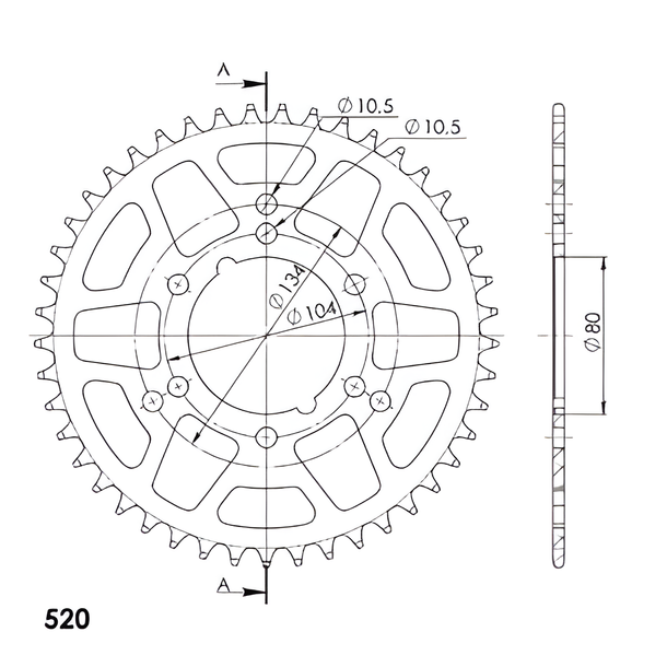 Supersprox 520 LK 104.0mm Ø 80mm 45Z 6-hole aluminum gold sprocket