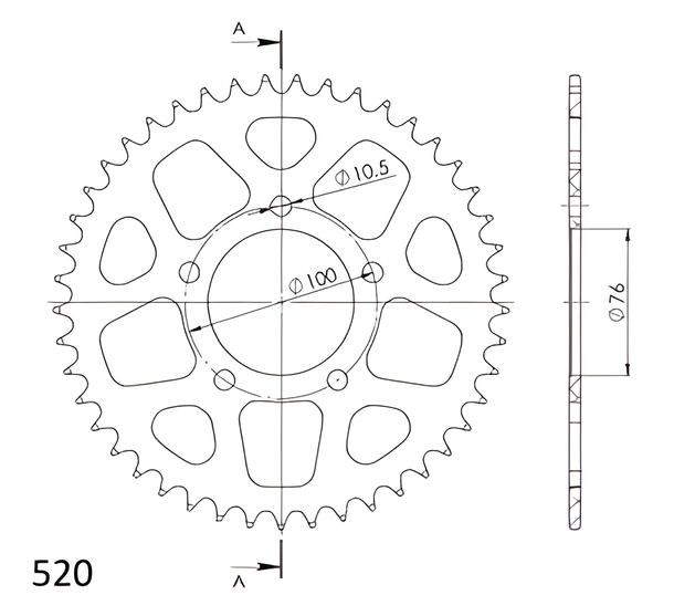 Pignon Supersprox 520 LK 100,0 mm Ø 76 mm 45Z en aluminium doré à 5 trous