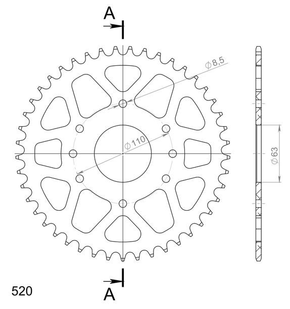 Supersprox 520 LK 110,0 mm Ø 63 mm 45Z Pignone in alluminio a 8 fori arancione