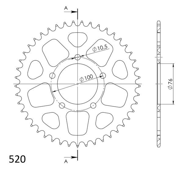 Piñón de aluminio Supersprox 520 LK 100,0 mm Ø 76 mm 45Z rojo
