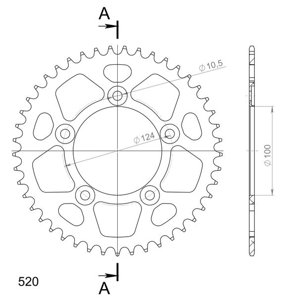 Supersprox 520 LK 124,0mm Ø 100mm 45Z Pignone in alluminio a 5 fori nero