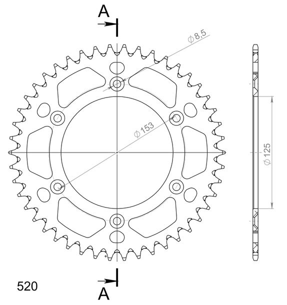 Kettenrad Supersprox 520 LK 153,0mm Ø 125mm 46Z 6-Loch Aluminium gold
