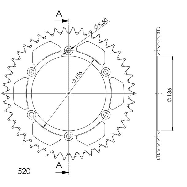 Supersprox 520 LK sprocket 156.0 mm diameter 136 mm 46Z 6-hole aluminum black