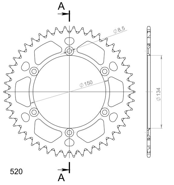 Supersprox 520 LK 150,0 mm Ø 134 mm 46Z pignone in alluminio a 6 fori nero