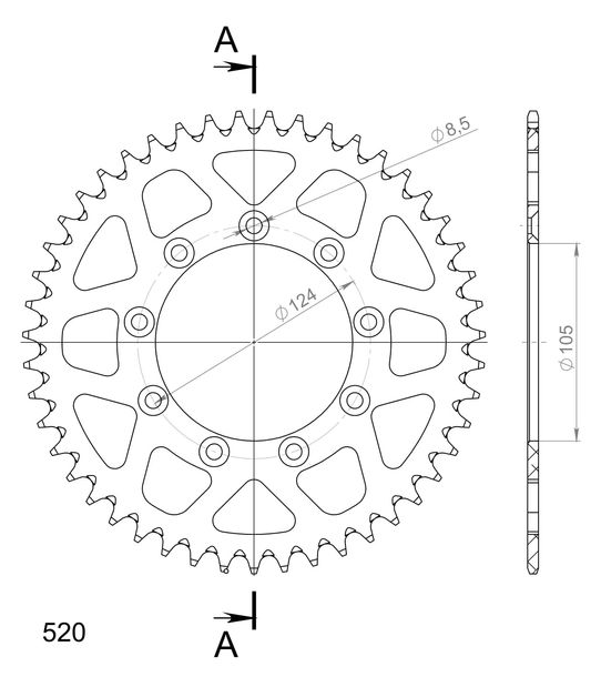 Supersprox 520 LK 124.0 mm Ø 105 mm 47Z 9-hole aluminum sprocket blue