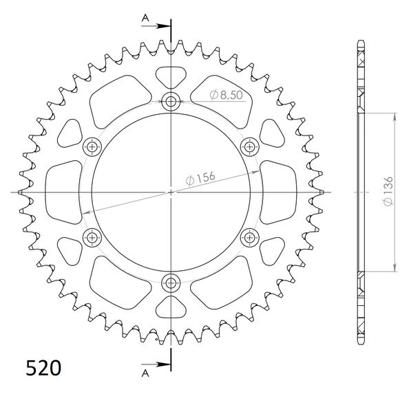 Kettenrad Supersprox 520 LK 156,0mm Ø 136mm 50Z 6-Loch Aluminium gold