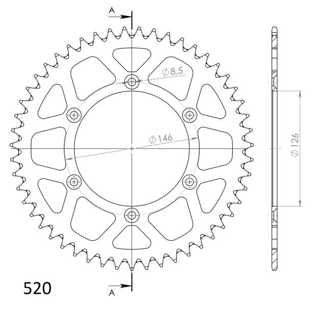 Kettenrad Supersprox 520 LK 146,0mm Ø 126mm 52Z 6-Loch Aluminium blau