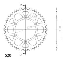Pignon Supersprox 520 LK 150,0 mm Ø 130 mm 52Z 6 trous en aluminium argenté