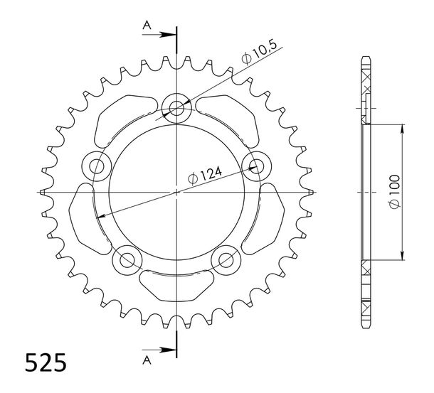 Kettenrad Supersprox 525 LK 124,0mm Ø 100mm 37Z 5-Loch Aluminium schwarz