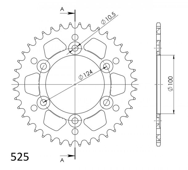 Supersprox 525 LK 124.0mm Ø 100mm 39T 6-hole aluminum sprocket black