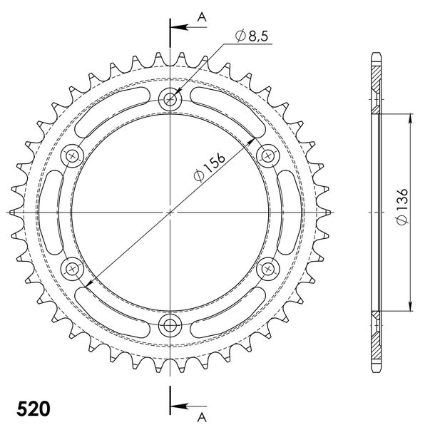 Pignon Supersprox 525 LK 156,0 mm diamètre 136 mm 42T 6 trous aluminium noir
