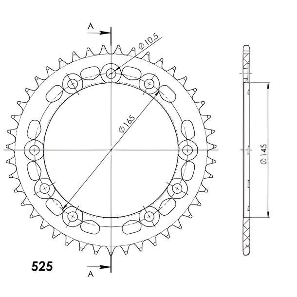 Ruota a catena in alluminio a 9 fori Supersprox 525 LK 165,0 mm Ø 145 mm 43Z nera
