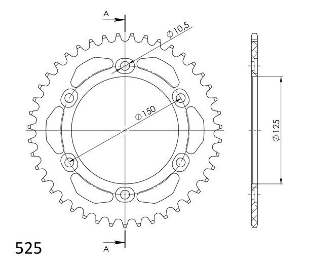 Supersprox 525 LK 150,0 mm Ø 125 mm 43T pignone in alluminio a 6 fori nero
