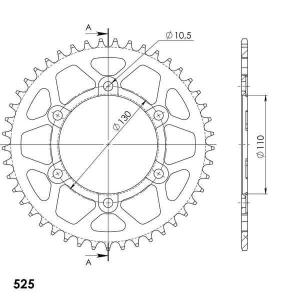Supersprox 525 LK 130.0mm Ø 110mm 45Z 6-hole aluminum sprocket black