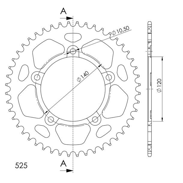 Supersprox 525 LK 140,0 mm Ø 120 mm 47T pignone in alluminio a 5 fori nero