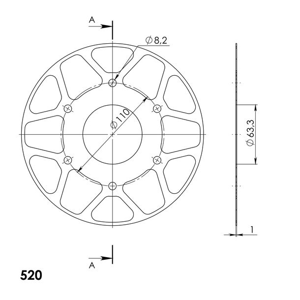 Edge-Disc Supersprox 520 LK 110,0mm Ø 63mm 44Z 8-Loch gold für Edge Kettenrad