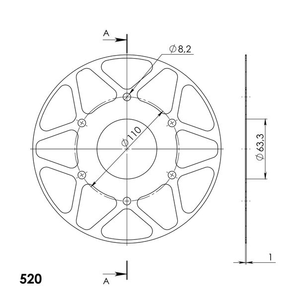 Edge-Disc Supersprox 520 LK 110,0mm Ø 63mm 45Z 8-Loch silber für Edge Kettenrad