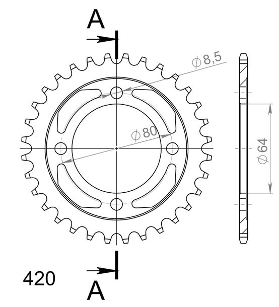 Pignon acier 4 trous Supersprox 420 LK 80.0mm Ø 64mm 32T noir