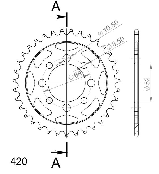 Kettenrad Supersprox 420 LK 68,0mm Ø 52mm 36Z 4-Loch Stahl schwarz