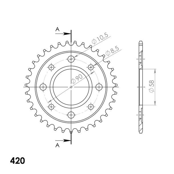 Kettenrad Supersprox 420 LK 90,0mm Ø 58mm 37Z 4-Loch Stahl schwarz