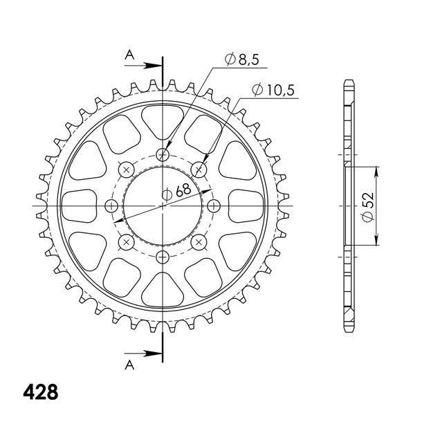 Roue à chaîne en acier à 4 trous Supersprox 428 LK 68,0 mm de diamètre 52 mm 36T, noire
