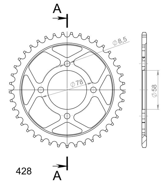 Supersprox 428 LK 78,0mm Ø 58mm 41Z pignone in acciaio a 4 fori nero
