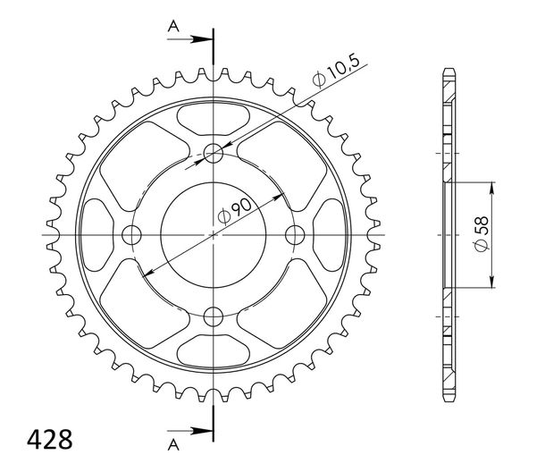 Kettenrad Supersprox 428 LK 90,0mm Ø 58mm 42Z 4-Loch Stahl schwarz