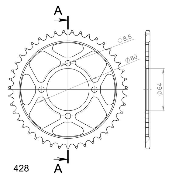 Kettenrad Supersprox 428 LK 80,0mm Ø 64mm 42Z 4-Loch Stahl schwarz