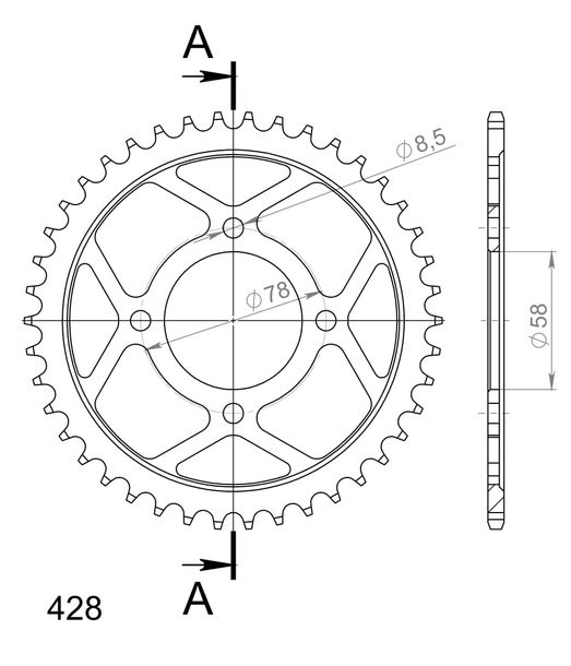 Kettenrad Supersprox 428 LK 78,0mm Ø 58mm 42Z 4-Loch Stahl schwarz