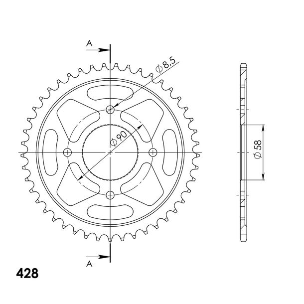 Supersprox 428 LK 90.0mm Ø 58mm 45Z 4-hole steel sprocket black
