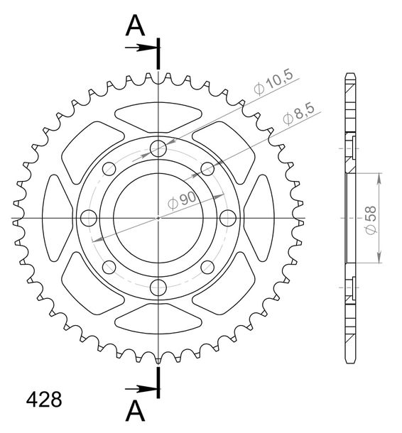 Kettenrad Supersprox 428 LK 90,0mm Ø 58mm 46Z 4-Loch Stahl schwarz