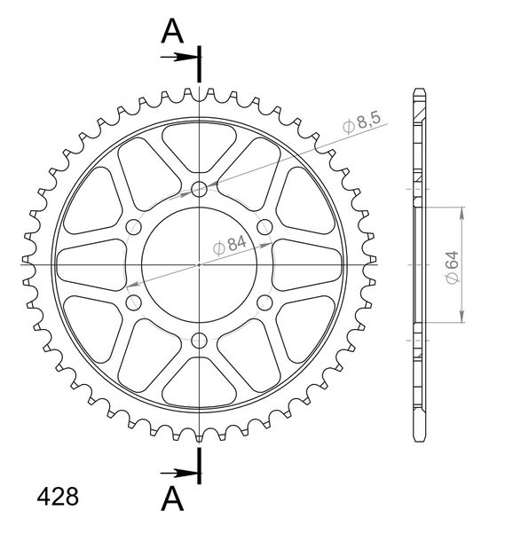Piñón de acero Supersprox 428 LK 84,0 mm Ø 64 mm 47T negro