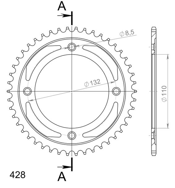 Pignon acier à 4 trous Supersprox 428 LK 132,0mm Ø 110mm 47T noir