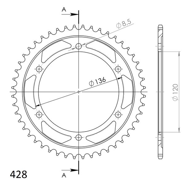Kettenrad Supersprox 428 LK 136,0mm Ø 120mm 48Z 6-Loch Stahl schwarz