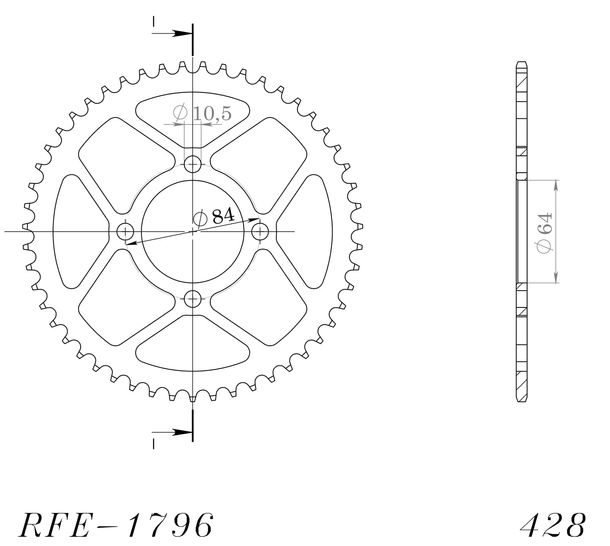 Piñón de acero con 4 orificios Supersprox 428 LK 84,0 mm Ø 64 mm 49Z negro