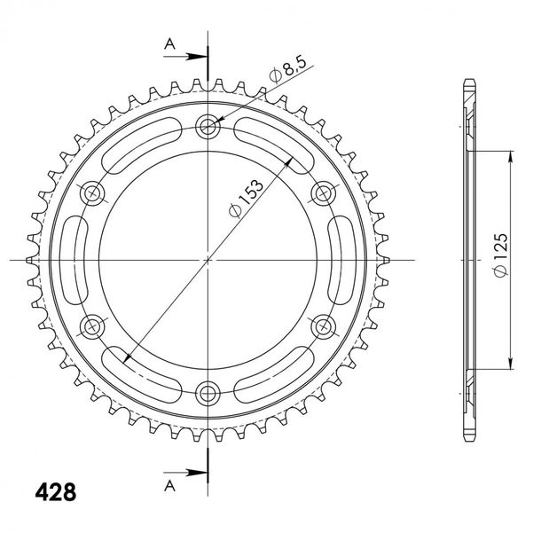 Chaîne Supersprox 428 LK 153,0 mm de diamètre 125 mm 49Z en acier à 6 trous, noire
