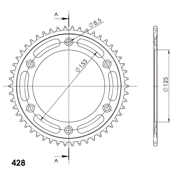 Roue à chaîne en acier à 6 trous Supersprox 428 LK 153,0 mm Ø 125 mm 50Z noire
