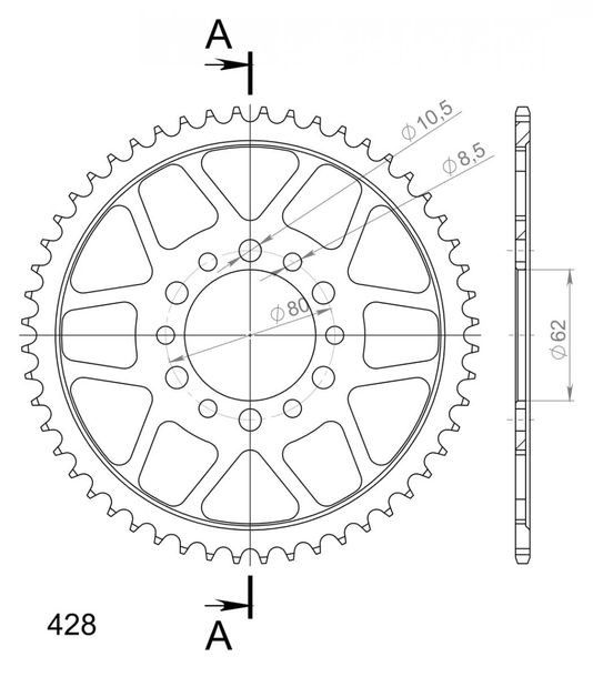 Supersprox 428 LK 80,0 mm Ø 62 mm 55Z Piñón de acero con 6 orificios negro